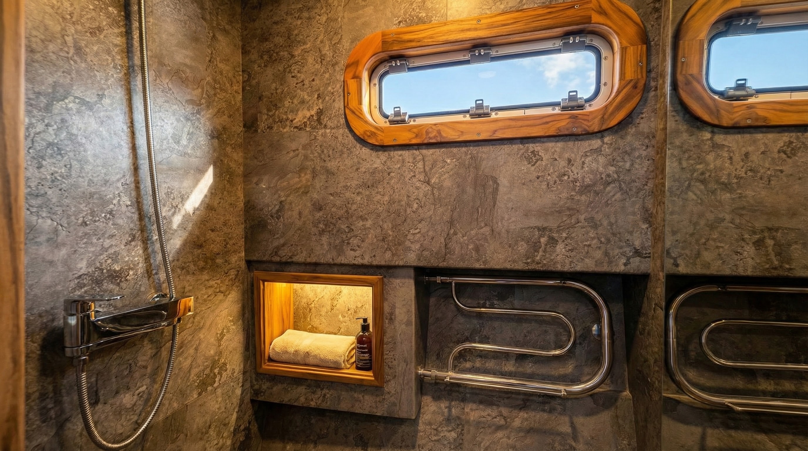 Душевая зона: камень, металл, тепло